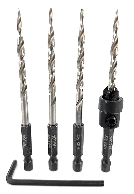 FTG USA Adjustable Wood Countersink Drill Bit #8 (11/64") with 3 Tapered Drill Bits for Woodworking