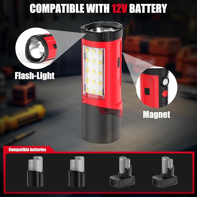 ohyes Work Light Compatible with Milwaukee 12V Battery Magnetic Max 650LM 2 in 1 Flash Light for Camping Jobsite & Workshop(Battery not Included)