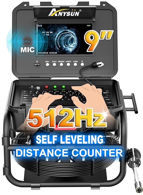 Anysun Sewer Inspection Camera Self-Leveling 512Hz Sonde Meter Counter, Built-in Microphone & Speaker, 1080P 9" IPS Monitor, IP68 Waterproof Endoscope Camera with DVR, 230Ft Harder Cable(16GB TF Card)