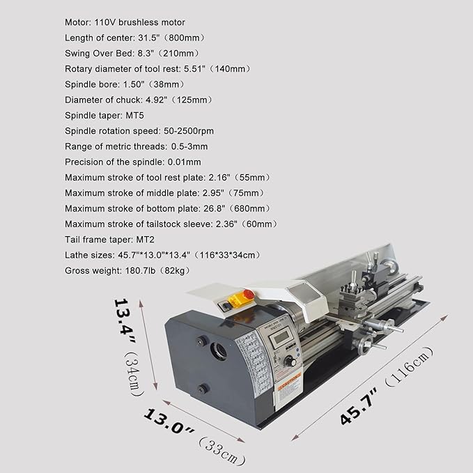 AC110V WM210V 8''X32'' Mini Precision Metric Thread Metal Lathe with 900W Brushless Motor Variable Speed Metal Lathe