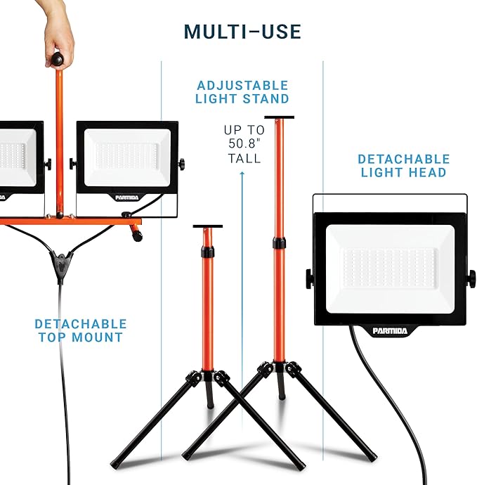 PARMIDA LED Dual-Head Work Light, 6ft Adjustable Tripod Stand, 20,000 Lumen, 200W, UL Approved Power Cord, Durable Aluminum Body, IP65 Waterproof, Foldable Stand, Multi-Directional & Detachable Heads