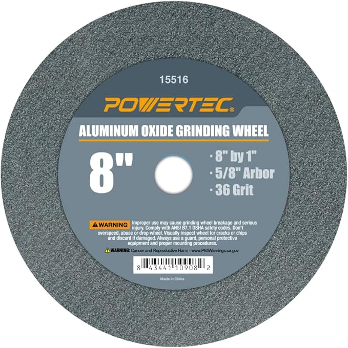POWERTEC Bench Grinder Wheel 8 Inch 36 Grit, Aluminum Oxide Grinding Wheel for Bench Pedestal Grinder, 1" Thick 5/8" Arbor, Sharpening & Shaping Drill Bits, Blade, and Chisel 1PK (15516)