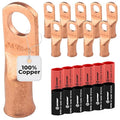 SELTERM 10pcs - 4 Awg - 5/16" Stud - Battery Lugs - Ring Terminal Connectors | with 12pcs 3:1 Black & Red Heat Shrink Tubing with Adhesive | Heavy Duty Battery Cable Ends - Bare Copper Wire Lugs Kit