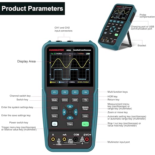 HANMATEK Handheld Digital Oscilloscope 50Mhz Bandwidth with 2 Channels HO52 3.5" TFT Mini Oscilloscope, 2 in 1 Oscilloscope and Multimeter, Backlit Screen, Auto-Calibration Function, Memory Function