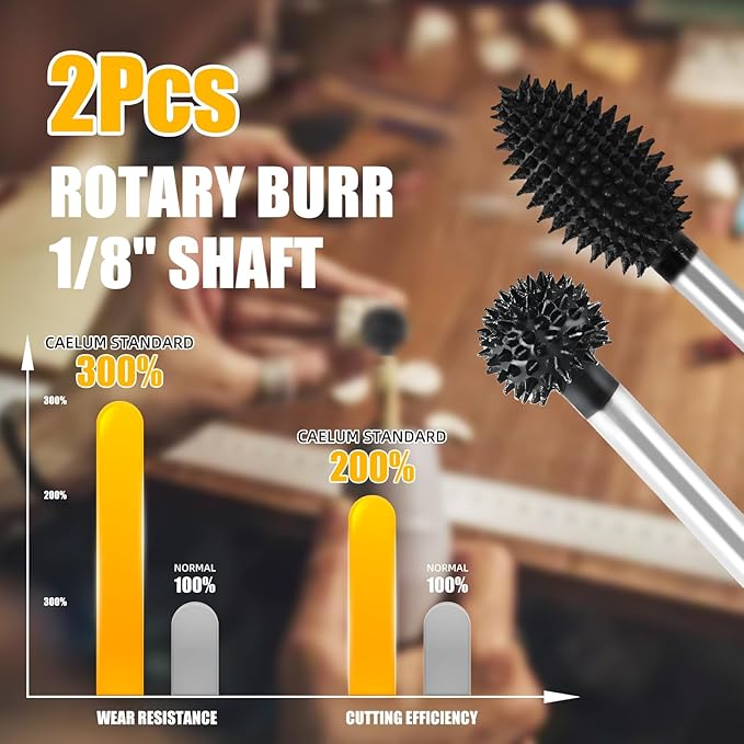 CAELUM 2 Pcs Rotary Burr Kit, 1/8" Shaft, Very Coarse - Woodworking Attachment for Dremel, Foredom, DeWalt, Milwaukee Tools, Carving Burrs for Carving Engraving in Wood, Rubber, Plastic