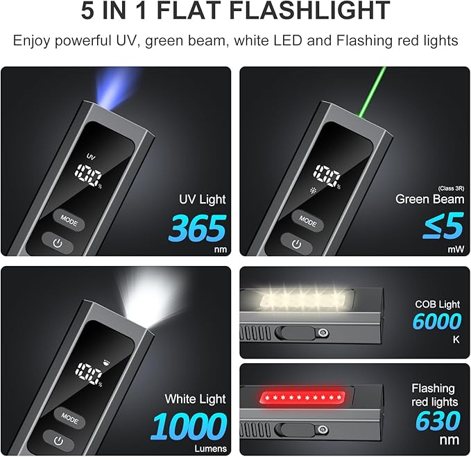 5-in-1 Rechargeable EDC Flat Flashlight, High Lumens Pocket Torch with White LED, Green Beam, UV, Magnetic Base & Clip, Compact Flat Flashlight for Camping, Emergency, Work with Bag (Black)