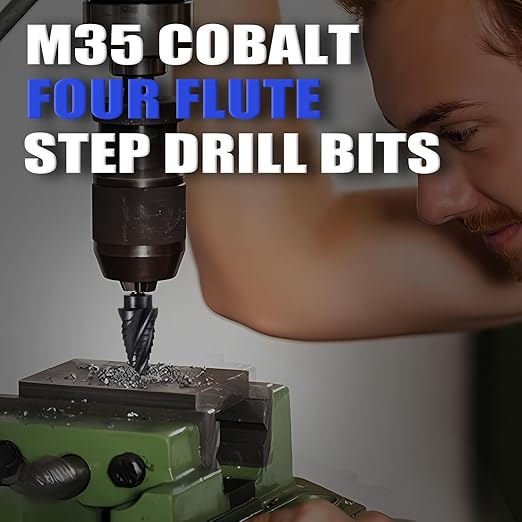 Four Spiral Flute Cobalt Step Drill Bit, 3/16"-7/8" M35 Cobalt Step Drill Bit Wear-Resistant AlTiN Coated, 1/4" Hex Shank for Hole Drilling in Stainless Steel, Copper, Aluminum, Wood, Plastic