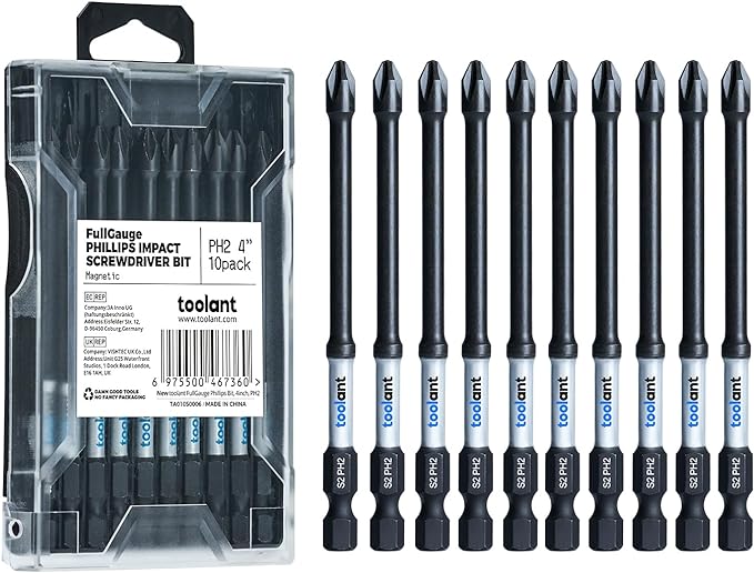 toolant 4 Inch Phillips Bit#2 Magnetic Anti Slip Impact Screwdriver Bits Set,10pcs Insert S2 Steel PH2 Driver Dit Set with CNC Machined Tips for Power Drill