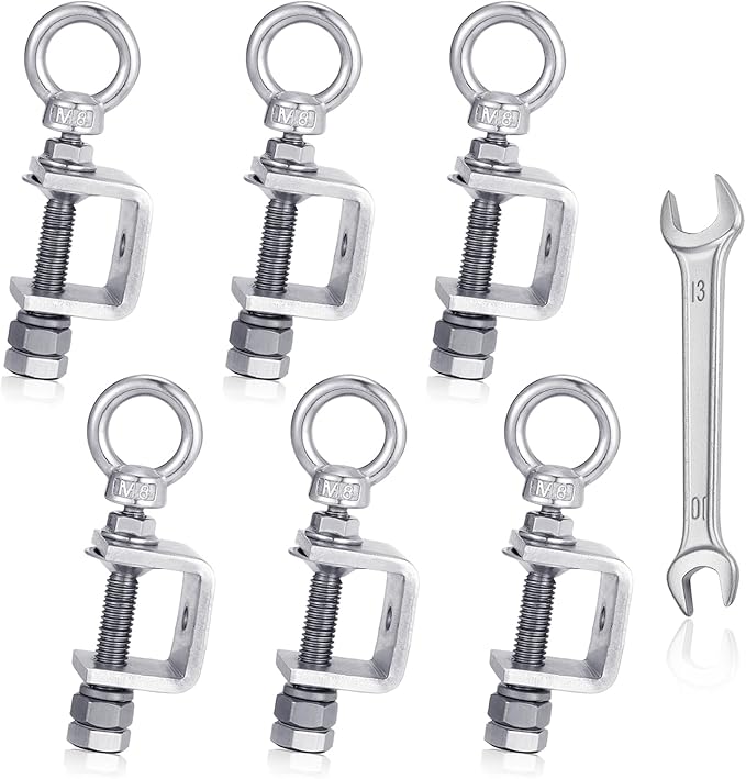 6-Pack Small C Clamps – 304 Stainless Steel Beam Clamps with M8 Screw Ring | Adjustable, Rust-Resistant I Beam Clamps for Ring Beams, Welding, Woodworking, Plants & Desk Use. Wide Jaw Openings (30MM)