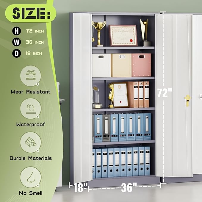 SUNCROWN 72" Metal Storage Cabinet - Heavy-Duty Metal Garage Cabinet with 4 Adjustable Shelves & 2 Doors for Tools, Office, Home, Workshop,Grey & White