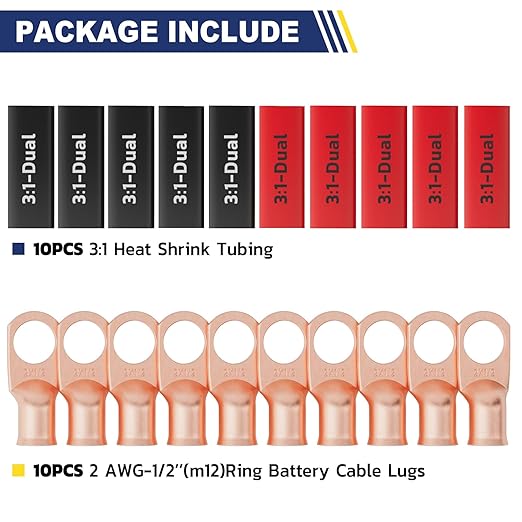 haisstronica 10pcs 2 AWG - 1/2" (M12) Battery Cable Lugs, Heavy Duty Copper Wire Lugs with 10pcs 3:1 Adhesive Heat Shrink Tubing, 2 Gauge Wire Connectors Battery Terminal Connector, Battery Cable Ends