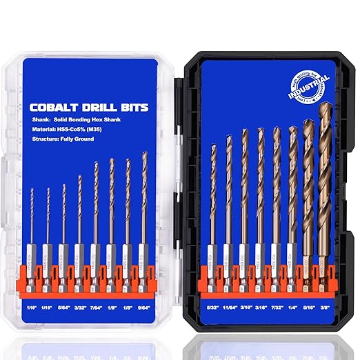 Hex Shank Cobalt Drill Bit Set 16Pcs 1/16"-3/8", M35 HSS Twist Impact Drill Bits for Metal and Hardened Steel, with Indexed Storage Case