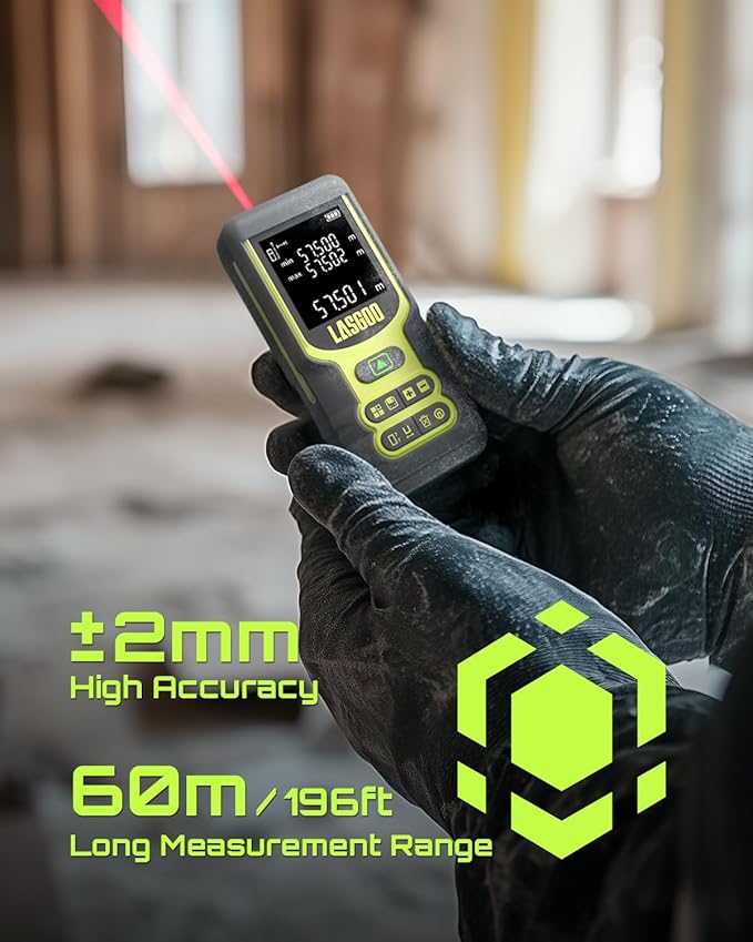Laser Measure, LASGOO 60m/197ft Laser Measurement Tool, Laser Distance Meter with Ft/in/M Multiple Units, LCD Backlit Display, Pythagorean Mode, Area and Volume, Battery Included