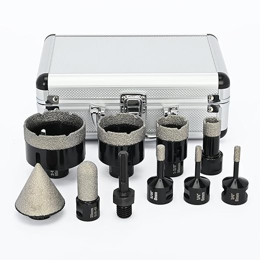 Diamond Tile Hole Saw Kit, 10 PCS Diamond Drill Bit Set, Diameter 6/6/8/19/35/51/65mm for Tile Porcelain Ceramic Marble, with 20mm Finger Bit, 50mm Chamfer Bit and SDS Adapter