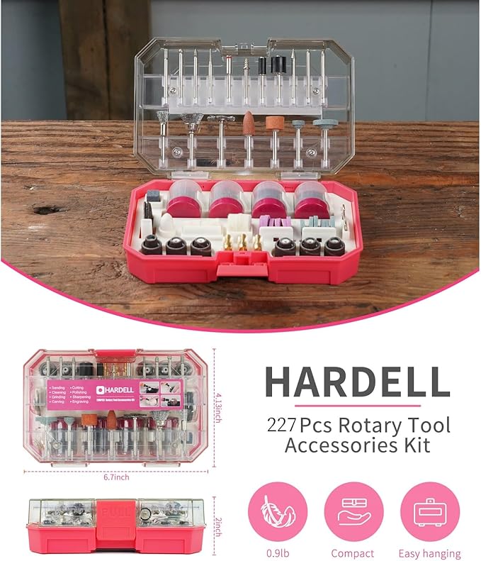 HARDELL Rotary Tool Accessories, 230pcs Power Rotary Tool Accessories Kit, 1/8"(3.2mm) Diameter Shanks, Universal Fitment for Easy Cutting, Polishing, Sanding, Carving, Grinding(Pink)