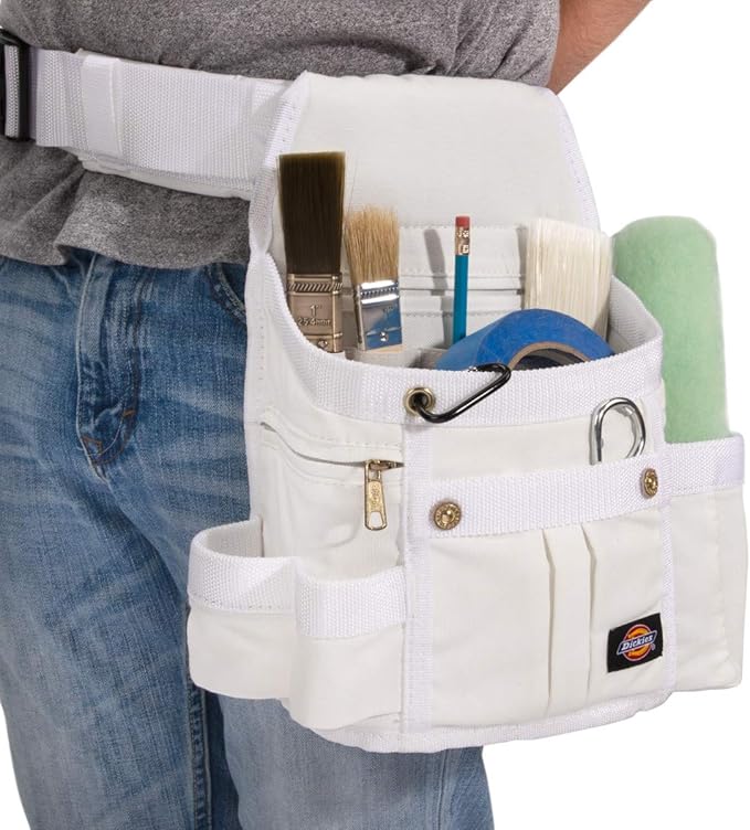 Dickies 8-Pocket Padded Tool Belt/Utility Pouch for Painters, Carpenters, and Builders, Adjustable 3-Inch Belt, Durable Canvas Construction, White
