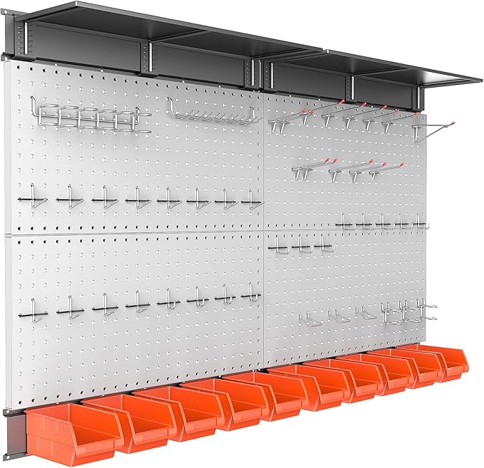 TORACK Metal Pegboard with Peg Board Hooks, Tools Storage Pegboard with Pegboard Hooks, Wall Mounted Storage Bins, Shelves, Tool Organizer Board with Pegs(Grey)