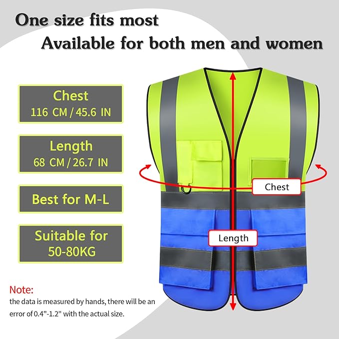 Safety Vests,Hi Vis Vest Reflective Vest with 5 Pockets and Zipper for Men Women, Neon Working Vest for Outdoor One Size
