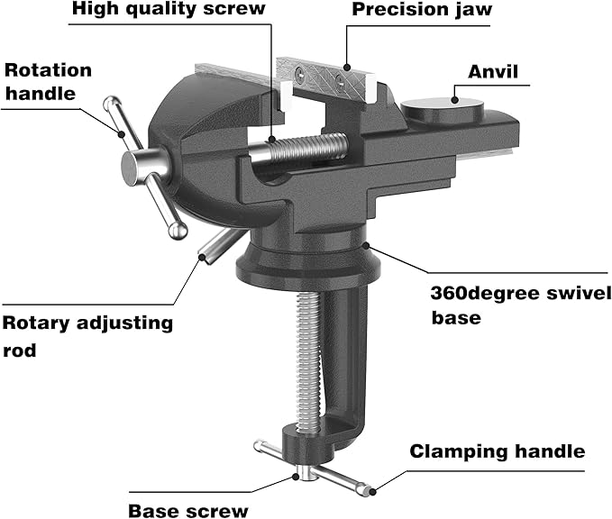 Portable Vise Clamp On Vice for Workbench- 3 Inch Rotate 360°Bench Clamp Swivel Base for Drilling Metalworking Woodworking, Cutting Conduit, Black