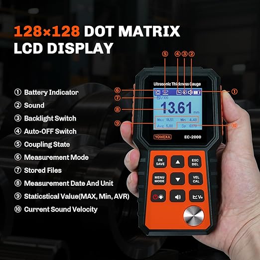 EC-2000 Ultrasonic Thickness Gauge for Steel, Metals, Plastic, Glass, PVC, 0.04–15.7in (1–400mm) Range, Backlit LCD, Adjustable Sound Velocity, Data Storage, Industrial Measuring Instrument