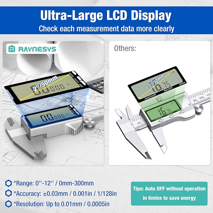 Digital Caliper 12 Inch with Large LCD Screen, Inch/MM/Fraction Conversion, 300mm Micrometer Caliper All Stainless Steel Diameter Measuring Tool for Jewelers/Woodworkers/DIY