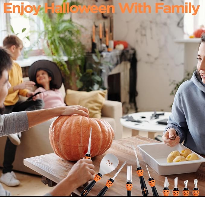 21 Pieces Comfort Grip Pumpkin Carving Kit with Gift Box and Carrying Case Heavy Duty Stainless Steel Pumpkin Carver Tools Pumpkin Sculpting Set and 10 Stencils for Halloween Jack-O-Lanterns (ORANGE)
