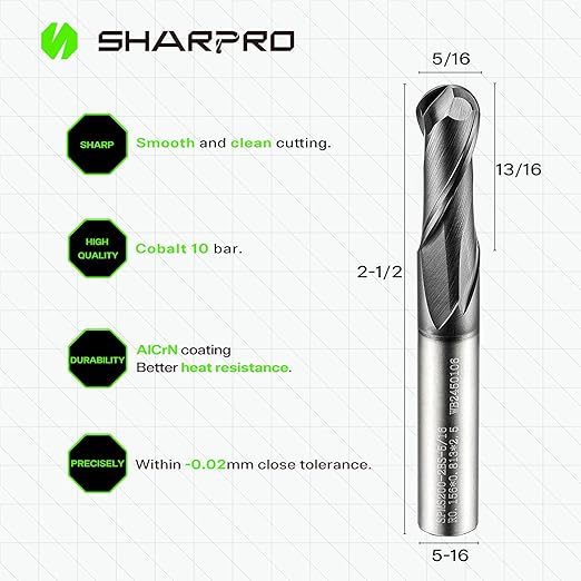 Carbide Ball Nose End Mills 2 Flute 5/16 Inch SHK. and Cutting Dia. 3D Carving, High-Speed and Deep Cutting, AlCrN Coated, Apply for Alloy Steel, Stainless Steel and Various Cast Iron. (3PCS)