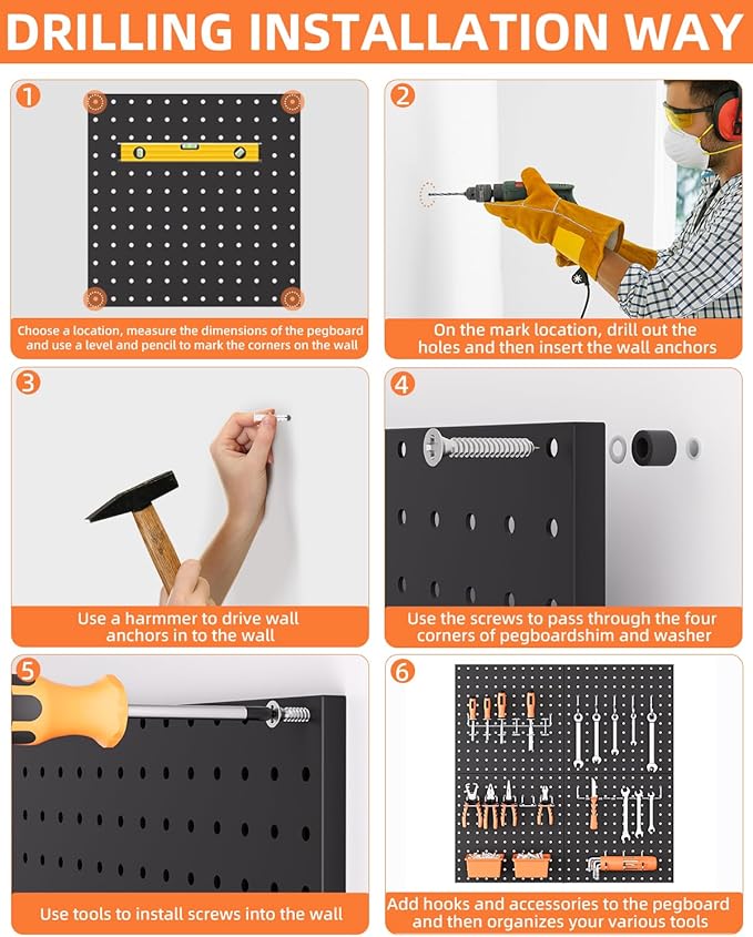 INCLY 4 Pack 12"x12" Black Metal Pegboard Panels, Heavy Duty Pegboard Wall Organizer with Frame, Black Peg Board for Walls, Garage, Workbench, Shed, Kitchen, Craft Room Tool Organization