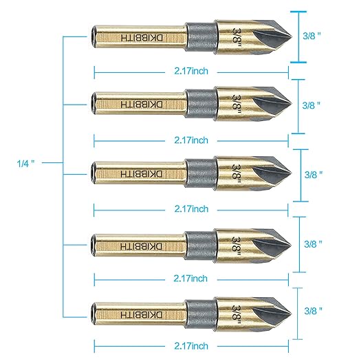 Countersink Drill Bit Set, 5 Pieces High Speed Steel 82 Degree 5 Flute 6mm Round Shank Mill Cutter Bit Countersink in Sizes 3/8" Set with Carrying Case.
