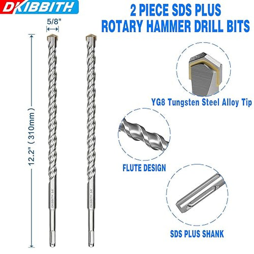 2-Pack SDS Plus Masonry Drill Bits 5/8 Inch x 12 Inch Long Rotary Hammer Drill Bits Carbide Tipped for Concrete Brick Cement Stone Block.