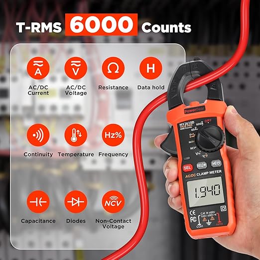 PowerBear Digital Clamp Meter Multimeter 6000 Counts for AC/DC Current & Voltage, Auto-ranging Amp Tester, Measures Resistance, Capacitance, Continuity, TRMS, Temperature, NCV Detection