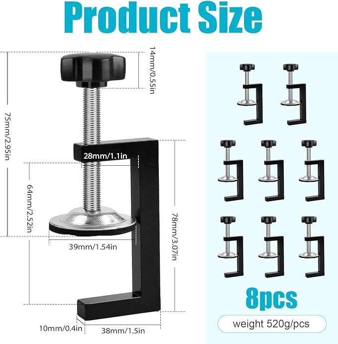 8 Pack 2 Inch C Clamp, Heavy Duty Aluminum Desk Clamp with Stable Wide Jaw, Adjustable Universal C-Clamp, Black G Clamps for Tables Desk Mount Holder