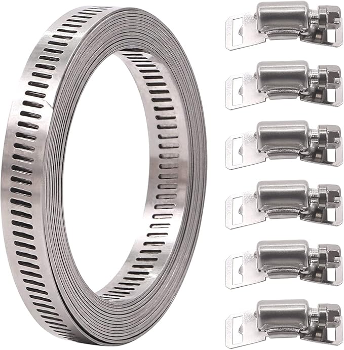Glarks 7Pcs 10 Feet Long Worm Gear Hose Clamp with Fasteners, 304 Stainless Steel Large Adjustable Pipe Clamps with 6Pcs Fasteners for Ductwork, Pole Securing and Strapping (10 FT Strap +6 Fasteners)