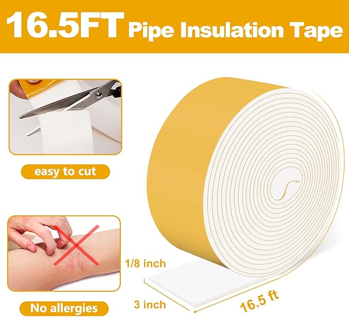 DEMEDO Pipe Insulation Tape, Pipe Wrap Insulation Foam Tape Self Adhesive, Outdoor Water Pipe Insulation Roll for HVAC, AC Line Insulation, 3 inch x 16.5 FT Heat Tape for Water Pipe, White