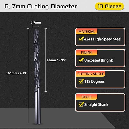 Drill Bit, 6.7mm Cutting Diameter, 4241 HSS Nitriding Black 118° Cutting Angle Versatile Jobber Bits - (Applications: for Drilling Plastic Wood Soft Metal), 10-Pieces