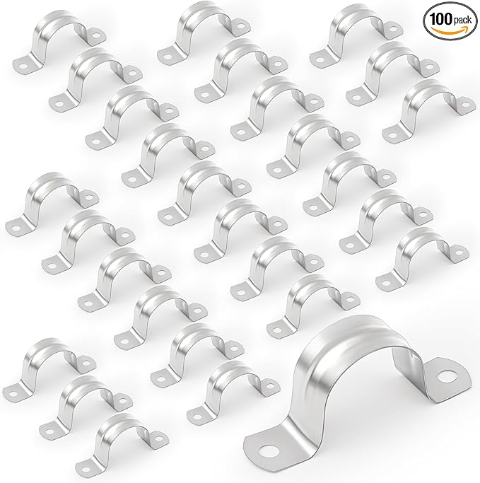 100 Pcs 1 1/4 Inch Pipe Strap Stainless Steel Conduit Clamp Reinforced Rigid 2 Hole U Bracket for Pipe Fixing on Various Surfaces