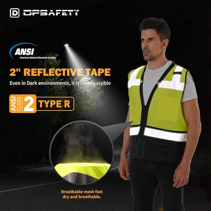 Reflective Safety vest With back plan pocket,High visibility Class 2 Heavy Duty Surveyor Vest with Zipper,Hi Vis Construction Work Vest for Men＆Women ANSI/ISEA(Yellow-Bottom,4XL)