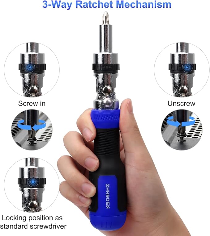 SHARDEN Ratchet Screwdriver 13-in-1 Multi Screwdriver Tool All in One Ratcheting Screwdriver Set with Phillips, Flat Head, Torx, Hex, Square, 180 Degree Pivoting Adjustable Angle Screw Driversets Set