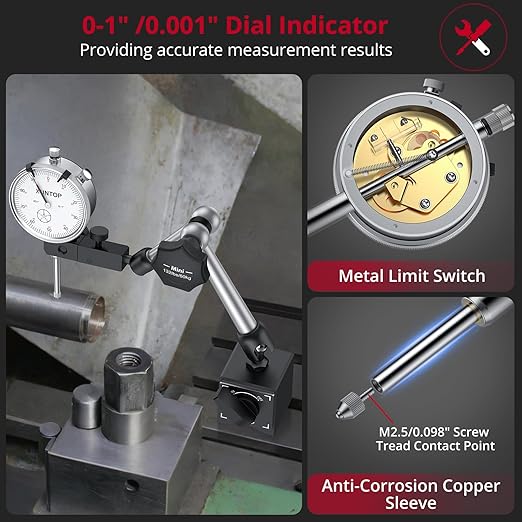 Dial Indicator 1inch/0.001inch with 132lbs/60kg Magnetic Base,Imperial Dial Test Gauge Set for Lathe,3D Printer,CNC,Car,Laboratory