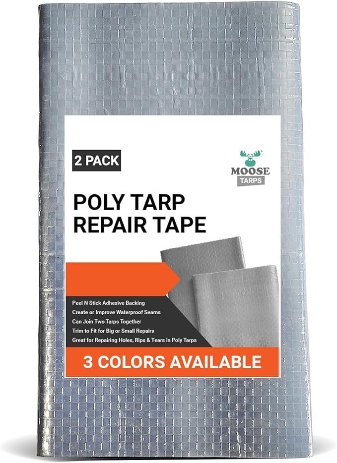 Heavy Duty Tarp Waterproof Poly Repair Tape, UV Resistant, Strong Adhesive Weatherproof Patch Kit, Repairs Holes, Patches, Rips, Tears, Frayed Edges in Tarps, Tents, 2 Pack, Silver
