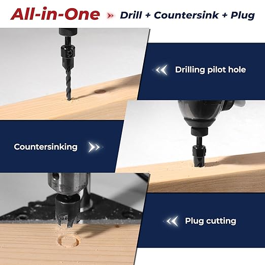 15PCS Countersink Drill Bit Set, Woodworking Tapered Drill Bits, Plug Cutter, 1/4" Hex Shank