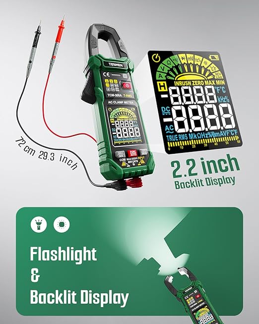 TESMEN TCM-300A Inrush Clamp Meter Multimeter 6000 Counts TRMS, Auto-Ranging Voltmeter Amp Meter with AC Current Capacitance AC/DC Voltage NCV/Live Wire Resistance Diode Temperature Continuity – Green