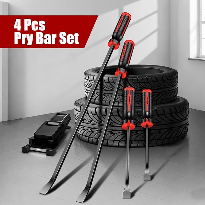 WISEUP 4-Piece Pry Bar Set，8",12",18",24" Heavy Duty Crowbar with Thicker Strike Caps for Prying，Demolition，Automotive Mechanic Hand Tools