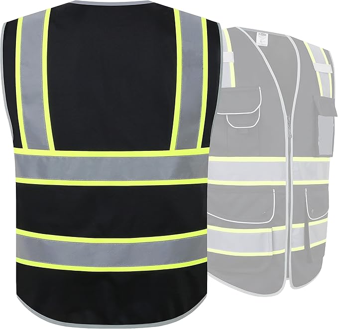 JKSafety 9 Pockets Hi-Vis Black Color Zipper Front Safety Vest Fluorescent Yellow Strips outlining the Reflective Tapes ANSI/ISEA Class 1 (901-Black, Medium)