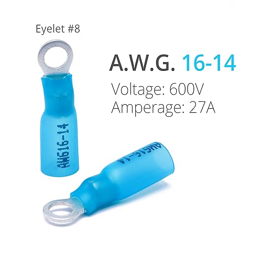 Wirefy 130 PCS Heat Shrink Ring Terminals #8 - a Resistant Ring Connectors - Eyelet Wire Connectors - Blue 16-14 AWG