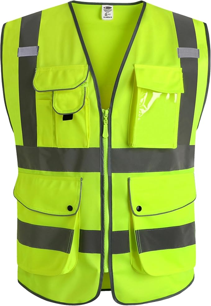 JKSafety 9 Pockets Class 2 High Visibility Zipper Front Safety Vest With Reflective Strips,Meets ANSI/ISEA Standards (5X-Large, 150-Yellow)