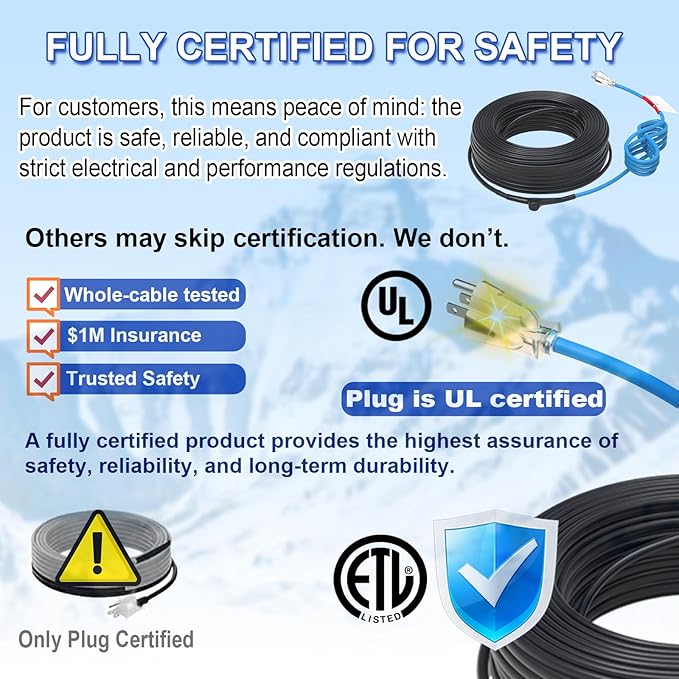 120V 18FT Self-Regulating Pre-assembled Water Pipe Heat Cable for Pipe Freeze Protection, Energy-Saving Pipe Heating Cable Keeps Water Flowing at -40°F