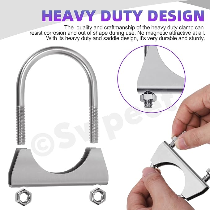 Swpeet 2Pcs 1.5 Inches Exhaust U Clamp Kit, 1-1/2 Inches Stainless Steel Muffler U-Bolt Clamps, Universal Heavy Duty U-Bolt Muffler Clamp Ideal for Tip Pipes Connection