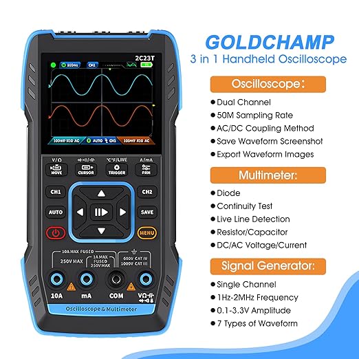 3 in 1 Handheld Oscilloscope Multimeter DDS Generator with 2 Channels, 10000 Counts, 10MHz Bandwidth, 50MSa/s Sampling Rate, AC/DC, Voltage, Current, Capacitance, Resistance, Diode, Continuity Test