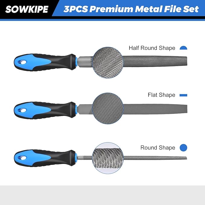 3-Piece Metal File Set, Premium High-Carbon Steel Files, 8 Inches, Includes Flat, Round, and Half-Round, Perfect for Metal, Wood, and More